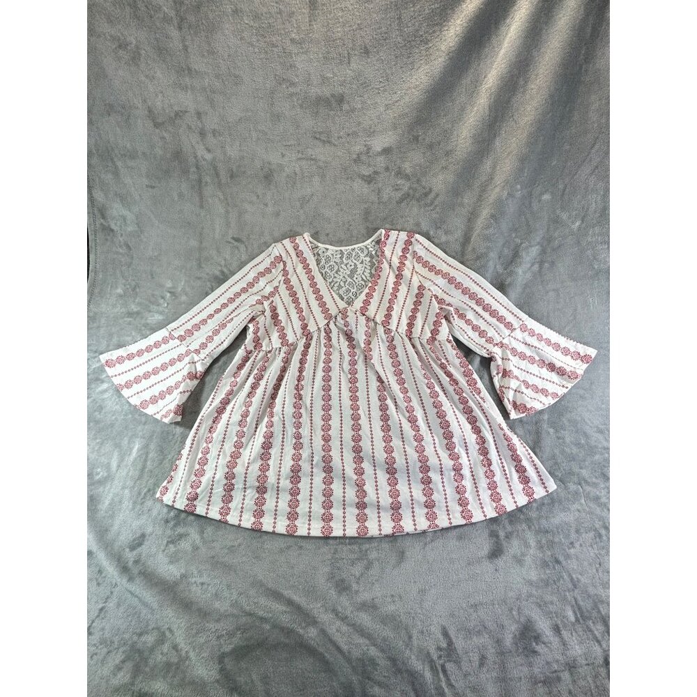 Baby doll Blouse Women's Large Red and White V-Neck Top with Lace upper Back